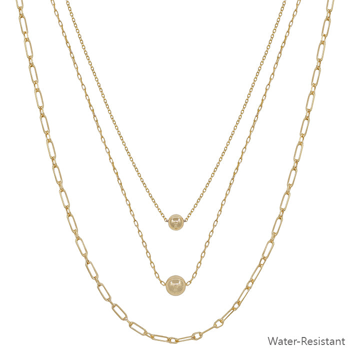 Water Resistant Gold Ball with Chain Triple Layered 16"-18" Necklace