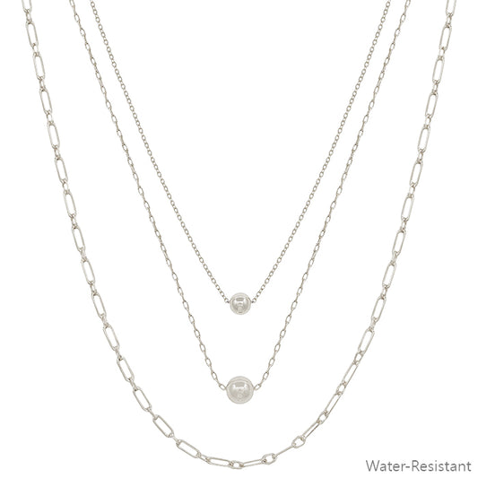 Water Resistant Silver Ball with Chain Triple Layered 16"-18" Necklace