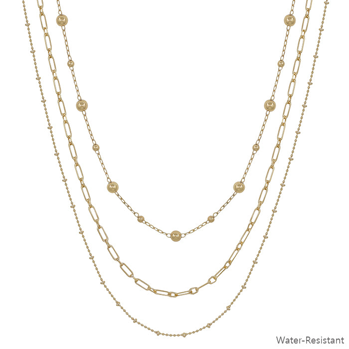 Water Resistant Triple Layered Gold Beaded and Gold Chain 16"-18" Necklace