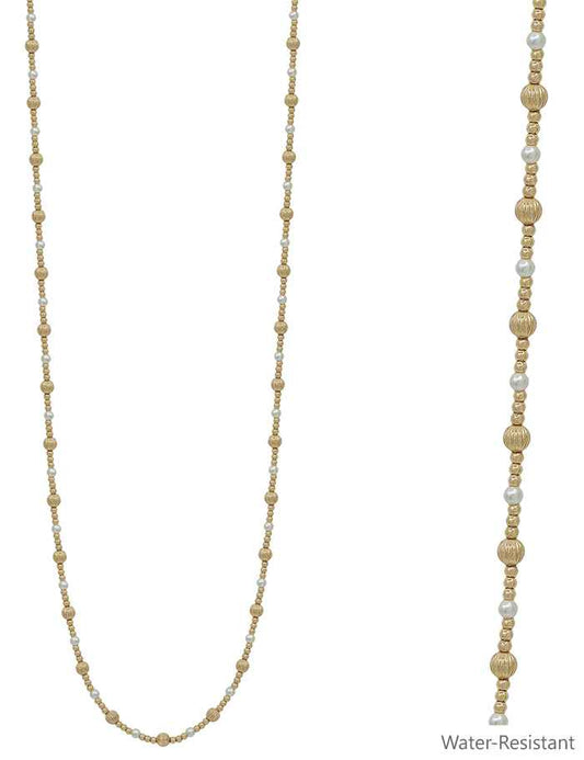 Water Resistant Gold and Pearl Beaded 34" Necklace, Great for Layering