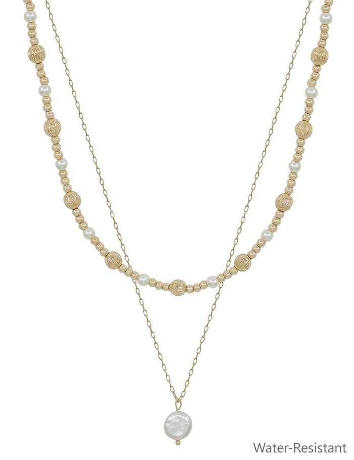 Water Resistant Gold and Pearl Beaded with Coin Pearl Layered 16"-18" Necklace