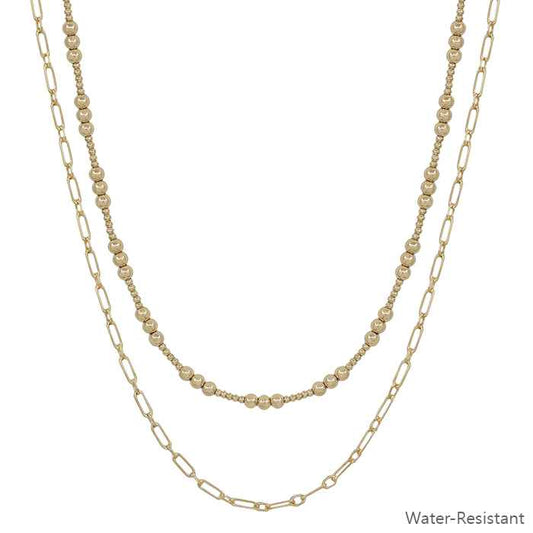 Water Resistant Gold 1mm and 4mm Beaded with Layered Chain 16"-18" Necklace