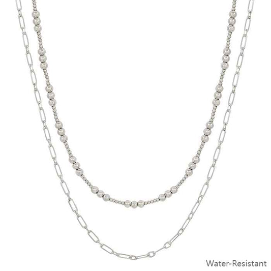 Water Resistant Silver 1mm and 4mm Beaded with Layered Chain 16"-18" Necklace