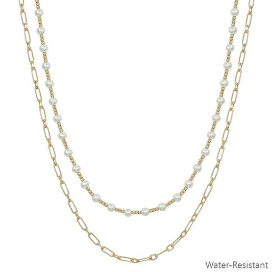 Water Resistant 4mm Pearl and Gold Beaded and Layered Chain 16"-18" Necklace