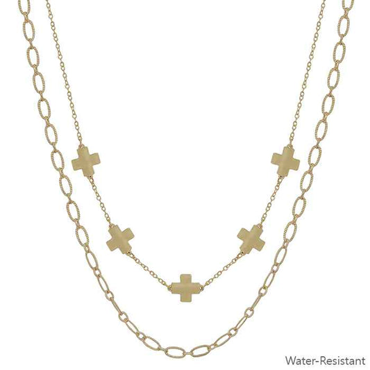 Water Resistant Gold Cross with Chain Layered 16"-18" Necklace