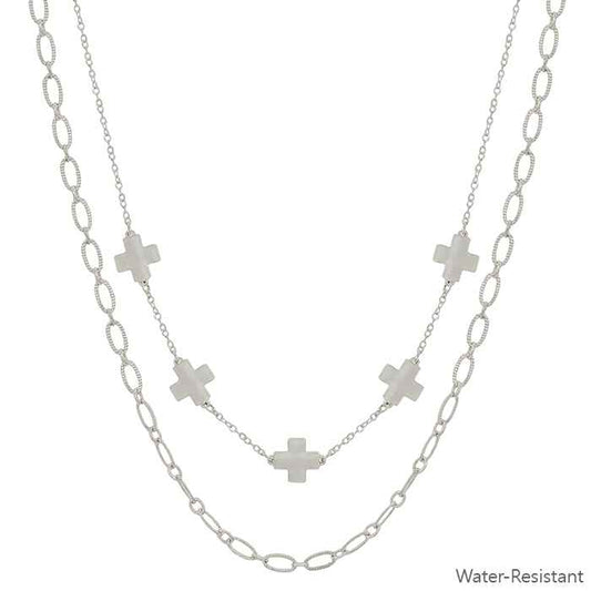 Water Resistant Silver Cross with Chain Layered 16"-18" Necklace