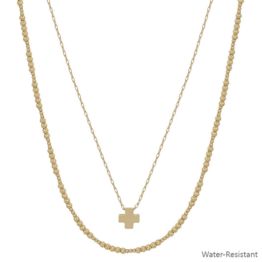 Water Resistant Gold Bead Chain with Cross 16"-18" Necklace