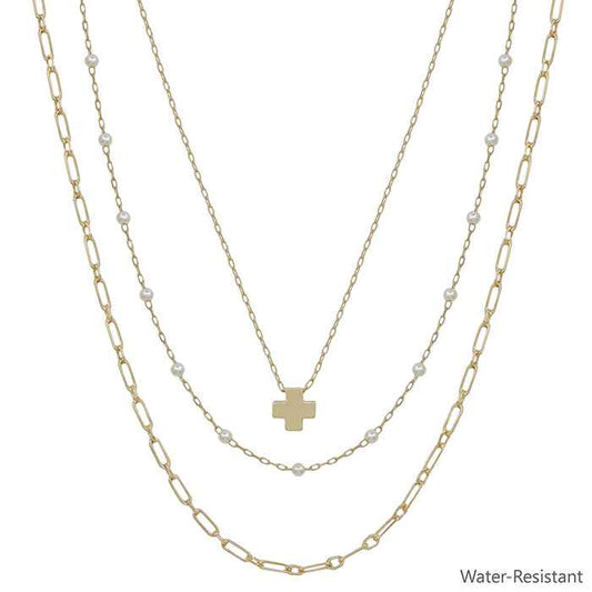 Water Resistant Gold Set of 3 Cross and Pearl Triple Layered 16"-18" Necklace