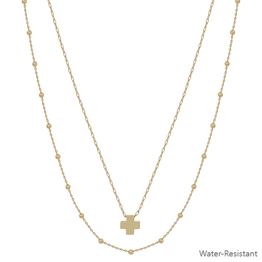 Water Resistant Gold Layered Beaded and Gold Cross 16"-18" Necklace