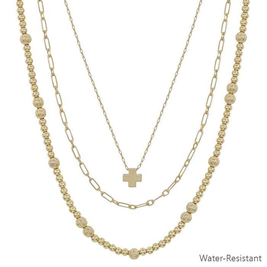 Water Resistant 4mm Gold Beaded Triple Layered Cross 16"-18" Necklace