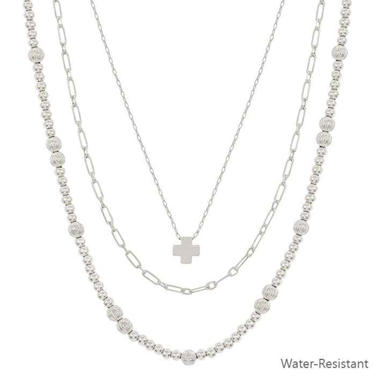 Water Resistant 4mm Silver Beaded Triple Layered Cross 16"-18" Necklace