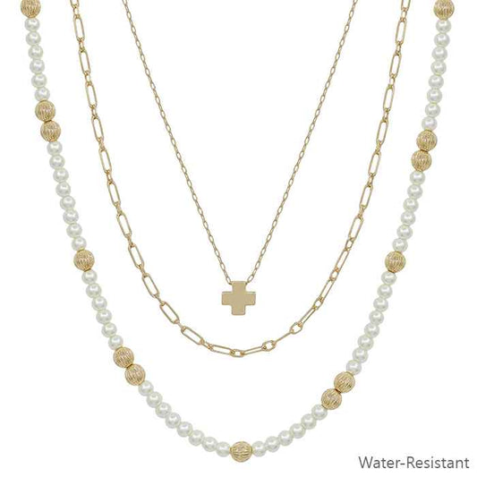 Water Resistant 4mm Pearl and Gold Beaded and Layered Chain with Cross 16"-18" Necklace