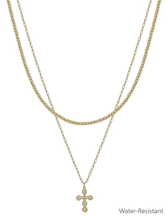 Water Resistant Gold 2mm Beaded Chain with Beaded Cross Layered 16"-18" Necklace