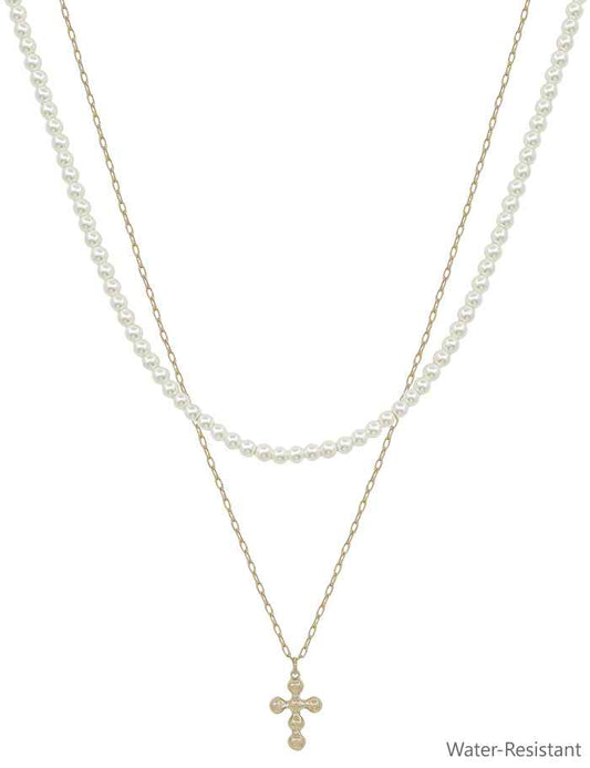 Water Resistant Pearl Beaded Chain with Beaded Cross 16"-18" Necklace