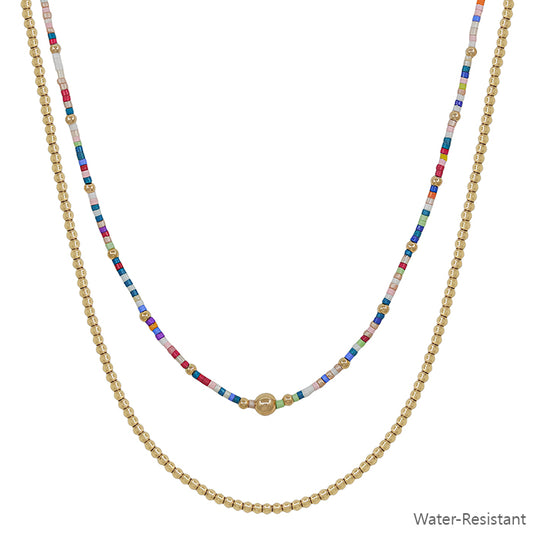 Water Resistant Gold Beaded Chain and Multi Beaded Layered 16"-18" Necklace