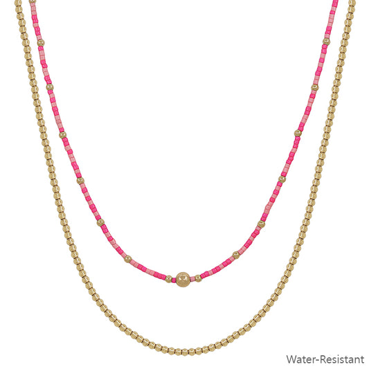 Water Resistant Gold Beaded Chain and Pink Beaded Layered 16"-18" Necklace