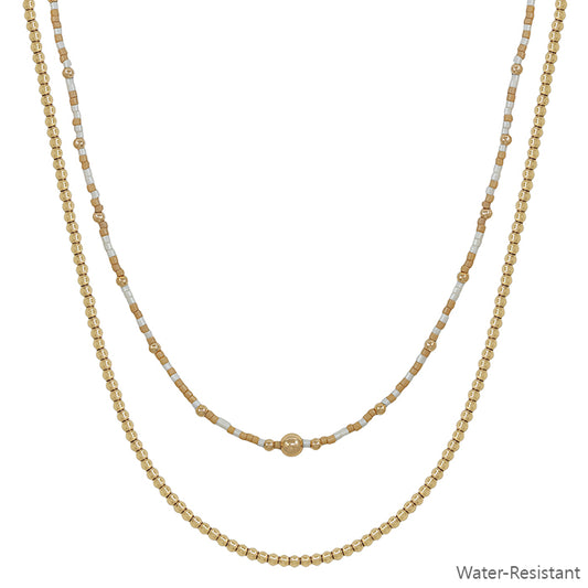 Water Resistant Gold Beaded Chain and White Beaded Layered 16"-18" Necklace