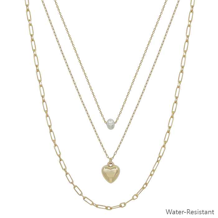 Water Resistant Gold Chain, Gold Puffy Heart, and Pearl 16"-18" Necklace