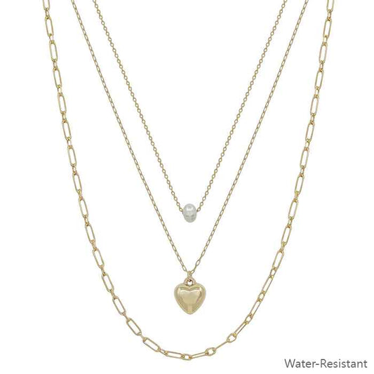 Water Resistant Gold Chain, Gold Puffy Heart, and Pearl 16"-18" Necklace