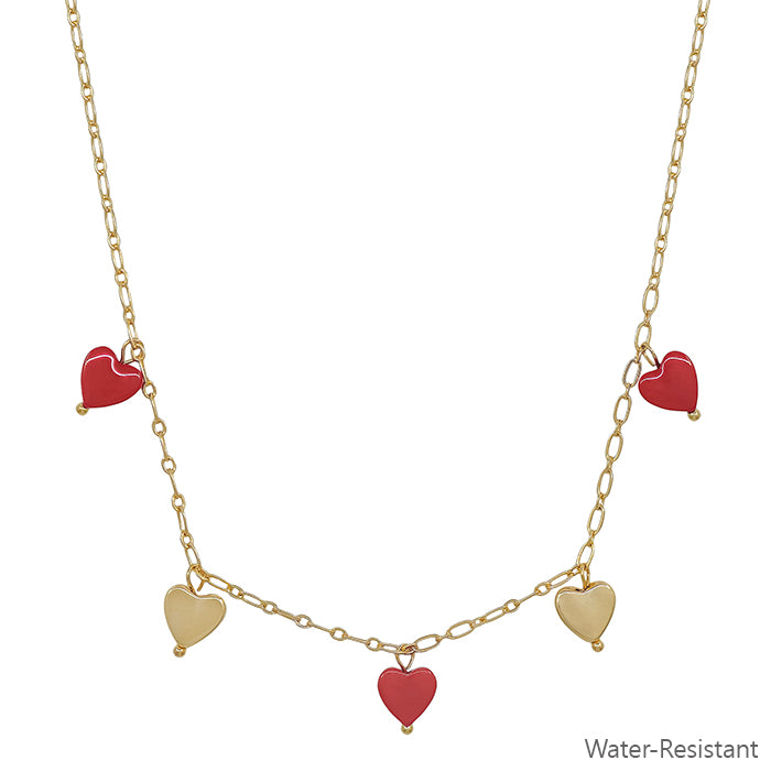 Water Resistant Gold Heart and Red Heart Charm 16"-18" Necklace