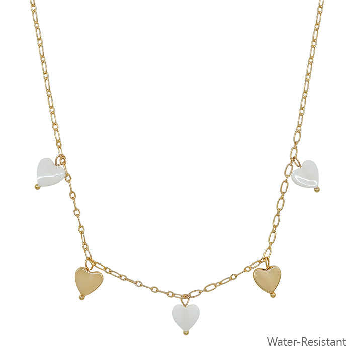 Water Resistant Gold Heart and White Heart Charm 16"-18" Necklace