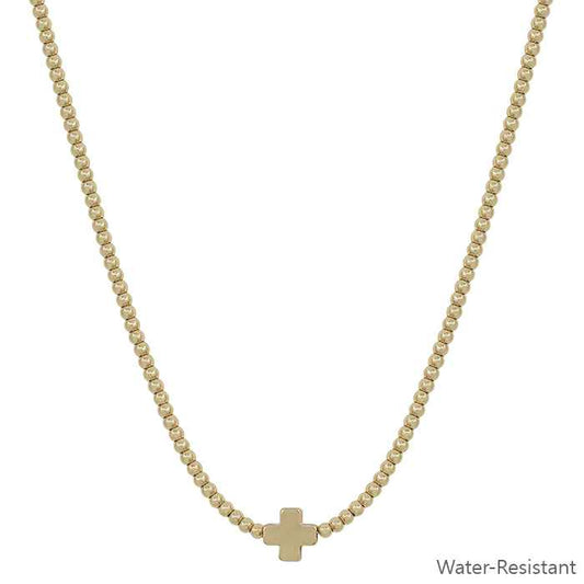 Water Resistant Gold Beaded Chain with Gold Cross 16"-18" Necklace