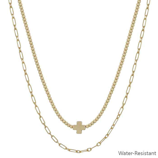 Gold Water Resistant Beaded with Gold Cross Layered 16"-18" Necklace