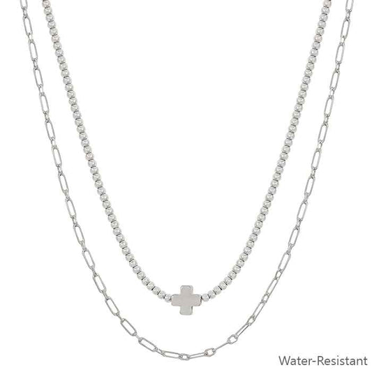 Silver Water Resistant Beaded with Silver Cross Layered 16"-18" Necklace