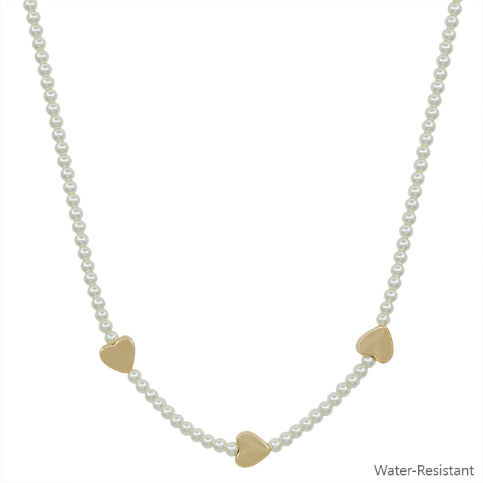 Water Resistant Pearl Beaded with Gold Hearts 16"-18" Necklace