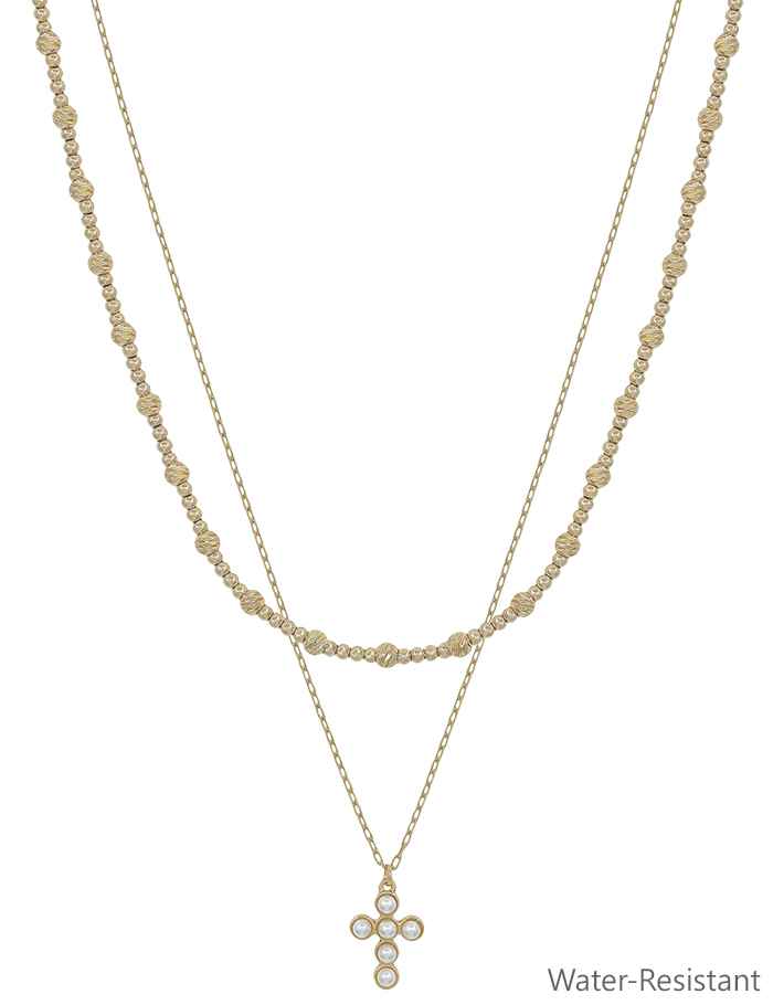 Water Resistant Gold Beaded 16"-18" Necklace with Pearl Beaded Cross