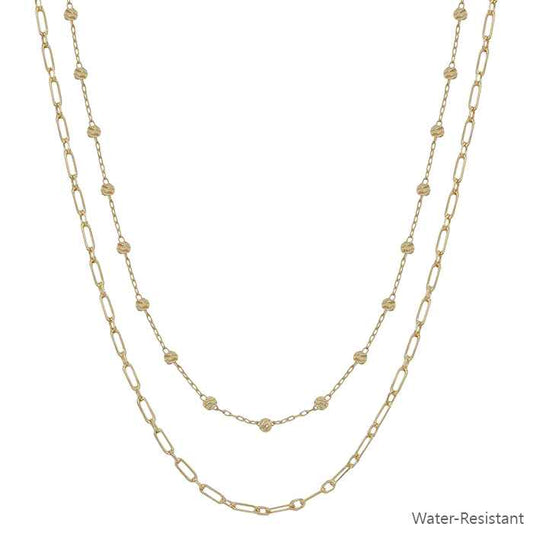 Water Resistant Gold Beaded with Chain Layered 16"-18" Necklace