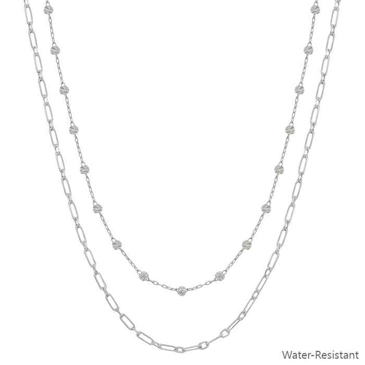 Water Resistant Silver Beaded with Chain Layered 16"-18" Necklace