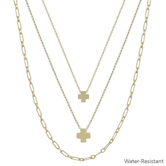 Water Resistant Triple Layered Cross 16"-18" Necklace