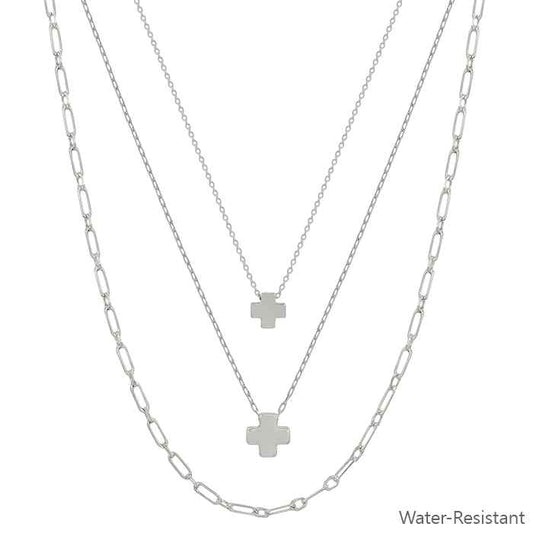 Water Resistant Silver Triple Layered Cross 16"-18" Necklace