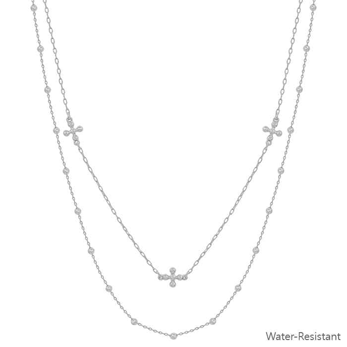 Water Resistant Double Layered Silver Cross and Beaded 16"-18" Necklace