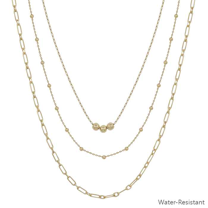 Water Resistant Gold Beaded Triple Layered 16"-18" Necklace