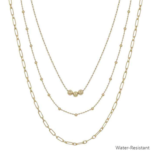 Water Resistant Gold Beaded Triple Layered 16"-18" Necklace