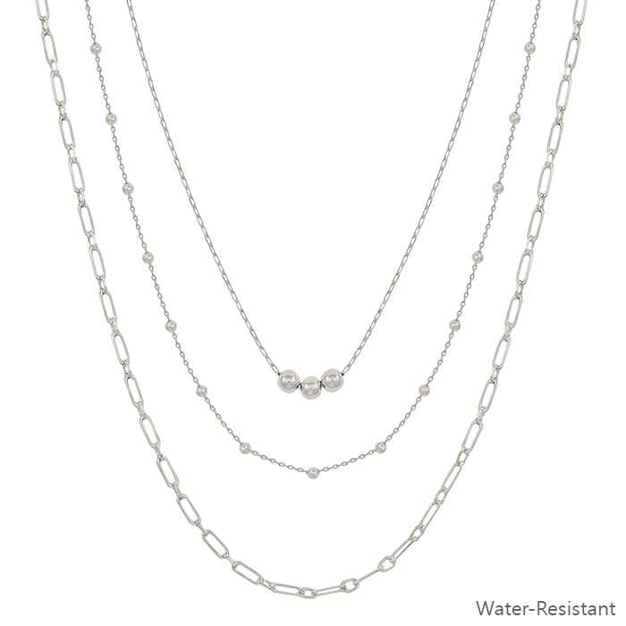 Water Resistant Silver Beaded Triple Layered 16"-18" Necklace