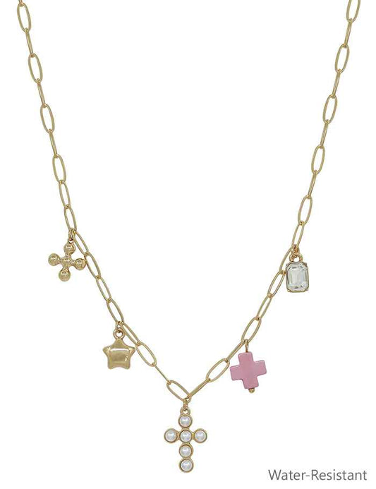 Water Resistant Gold Chain with Pearl Beaded Cross, Pink Cross, Star Charm 16"-18" Necklace