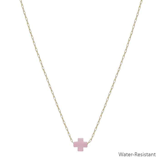 Water Resistant Gold Chain with Pink Resin Cross 16"-18" Necklace