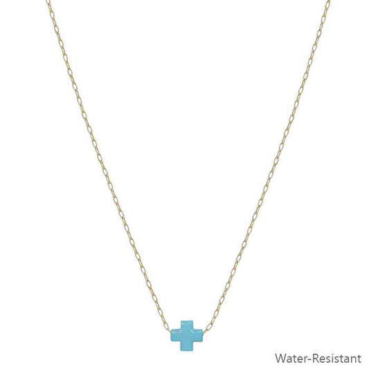 Water Resistant Gold Chain with Teal Resin Cross 16"-18" Necklace