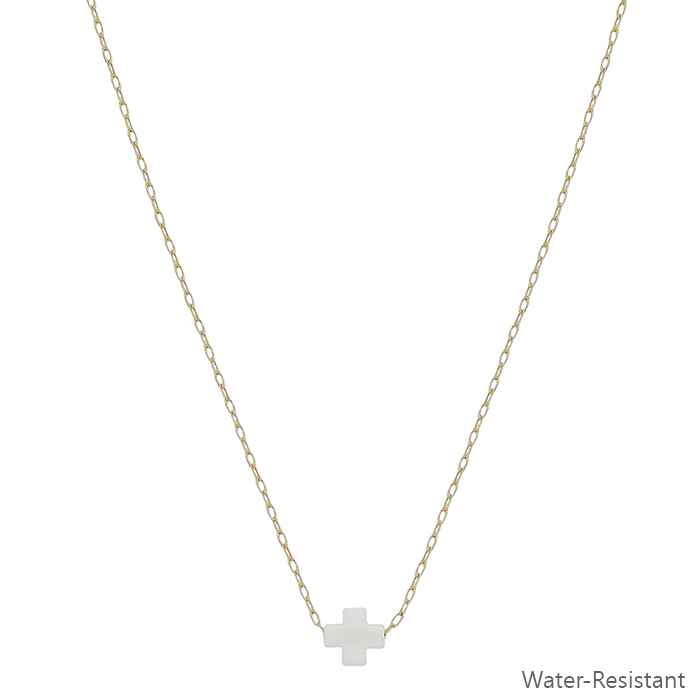 Water Resistant Gold Chain with White Resin Cross 16"-18" Necklace