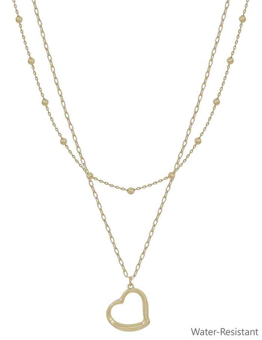 Water Resistant Gold Open Heart with Chain Double Layered 16"-18" Necklace