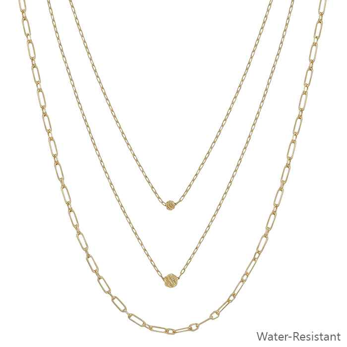 Water Resistant Gold Chain with Bead Triple Layered 16"-18" Necklace