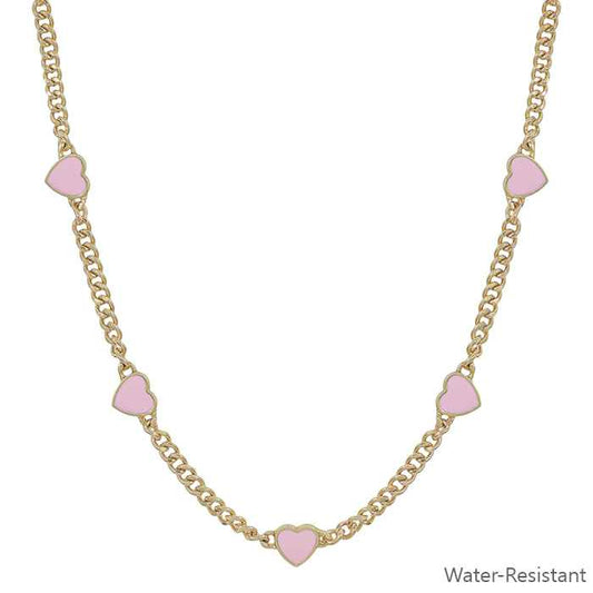 Water Resistant Gold Textured Chain with Pink Epoxy Heart 16"-18" Necklace