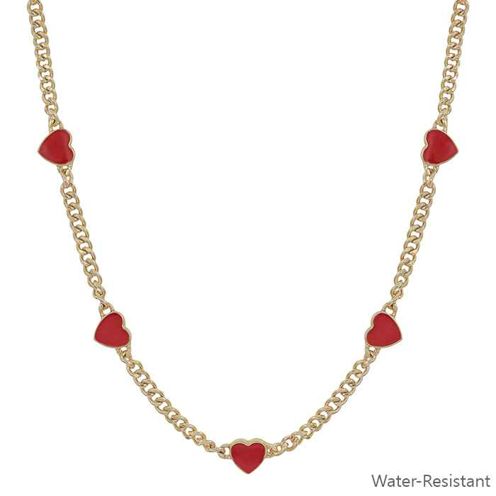 Water Resistant Gold Textured Chain with Red Epoxy Heart 16"-18" Necklace