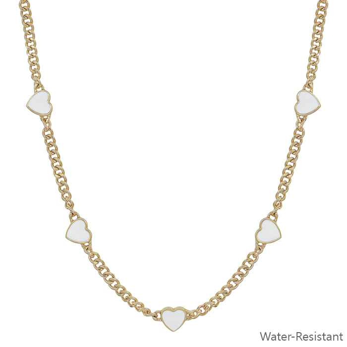 Water Resistant Gold Textured Chain with White Epoxy Heart 16"-18" Necklace