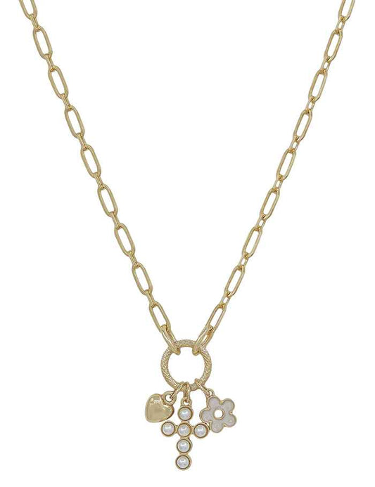 Gold Chain with Cross, Heart, and Flower Charm 16"-18" Necklace