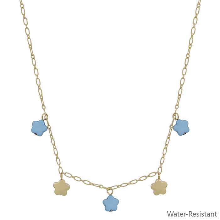 Water Resistant Gold Chain with Teal and Gold Flower Charms 16"-18" Necklace