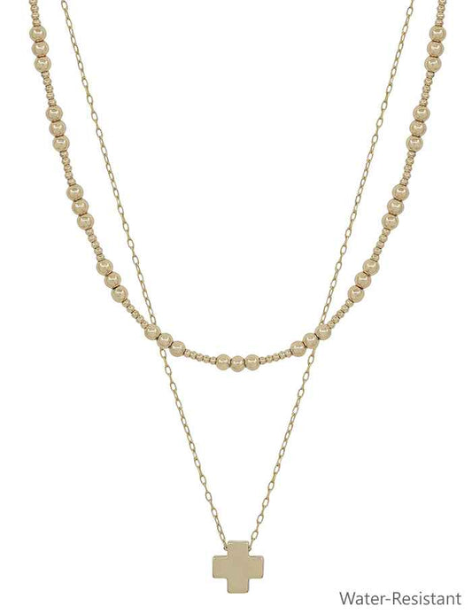 Water Resistant Gold 4mm Beaded and Gold Cross Layered 16"-18" Necklace